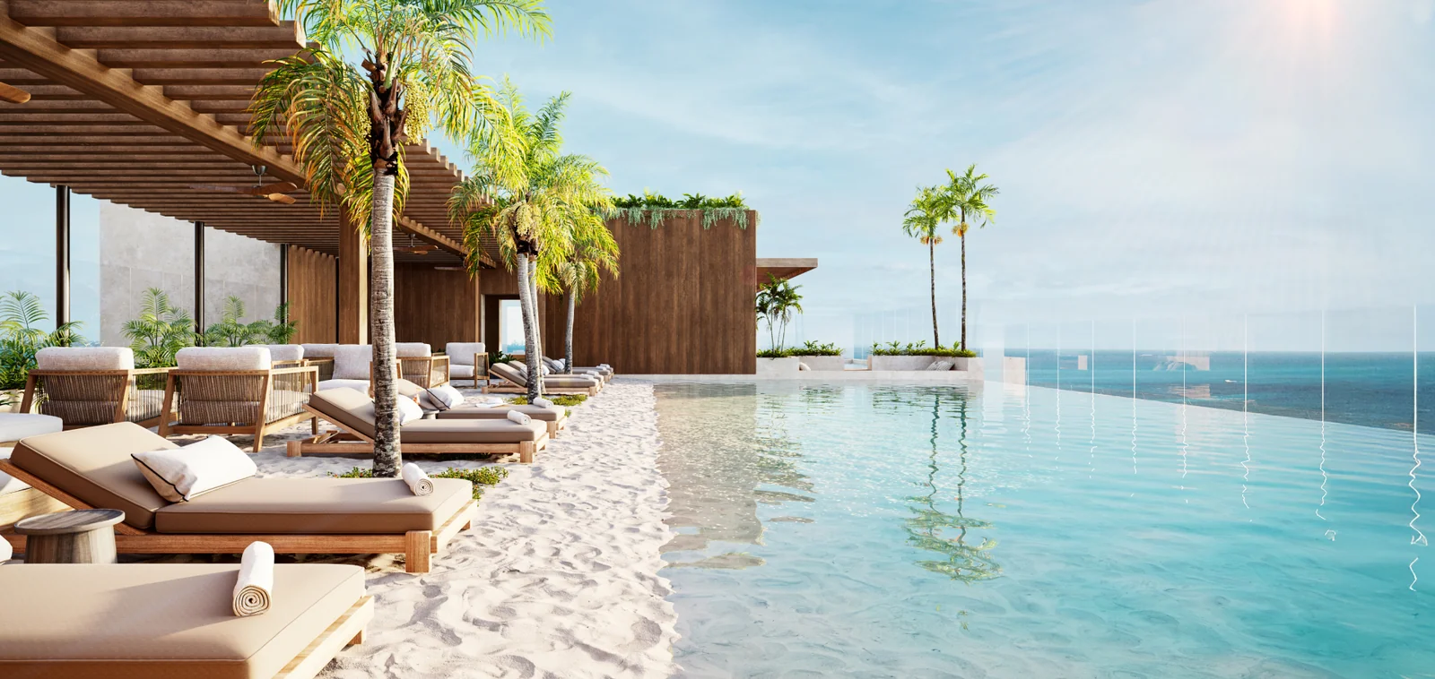Próximamente, Thompson Private Residences Puerto Cancún ofrecerá la primera azotea de playa artificial del mundo.